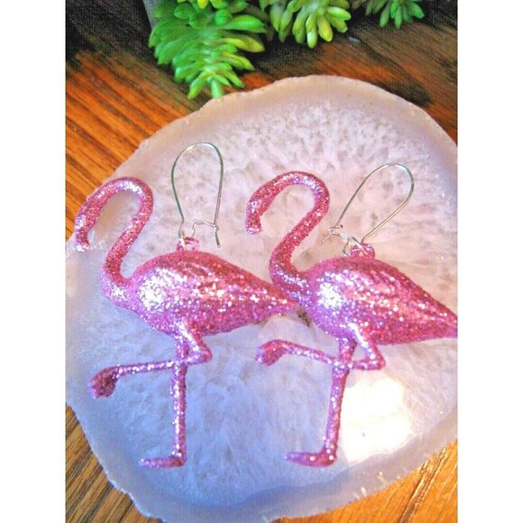 New Summer Retro 80s Style Bright Pink Flamingo Glitter Dangle Earrings - 2.75” - Picture 2 of 5